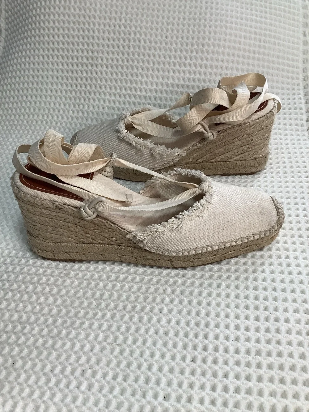 Polo Ralph Lauren Canvas Lace Up Espadrille Wedge Sandals Womens Size 7B Ivory